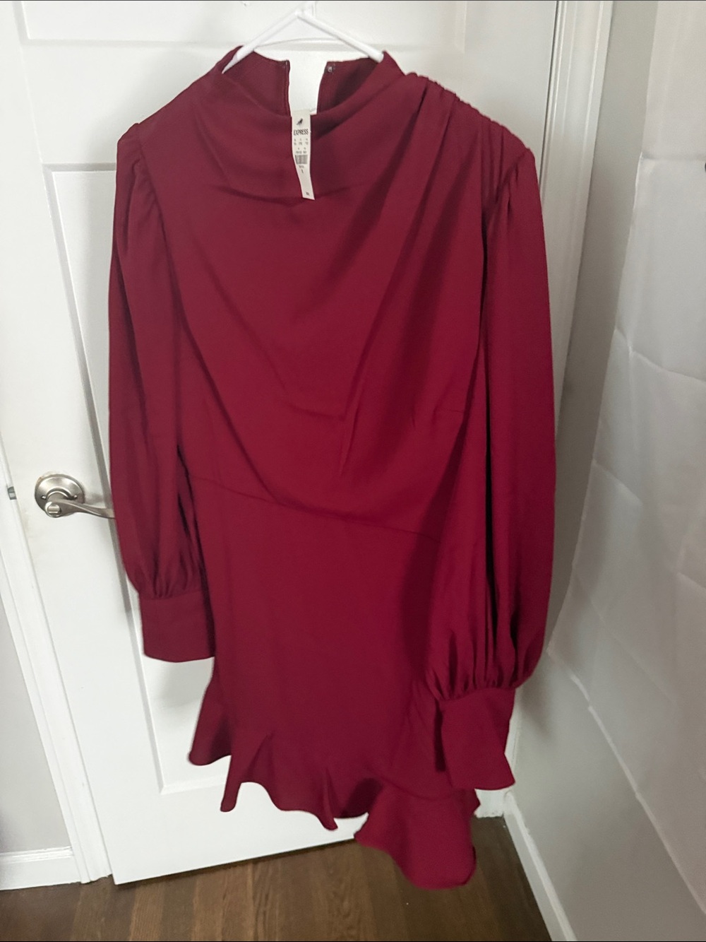 Express Wine Red Long-Sleeve Ruffle-Hem Tunic dress